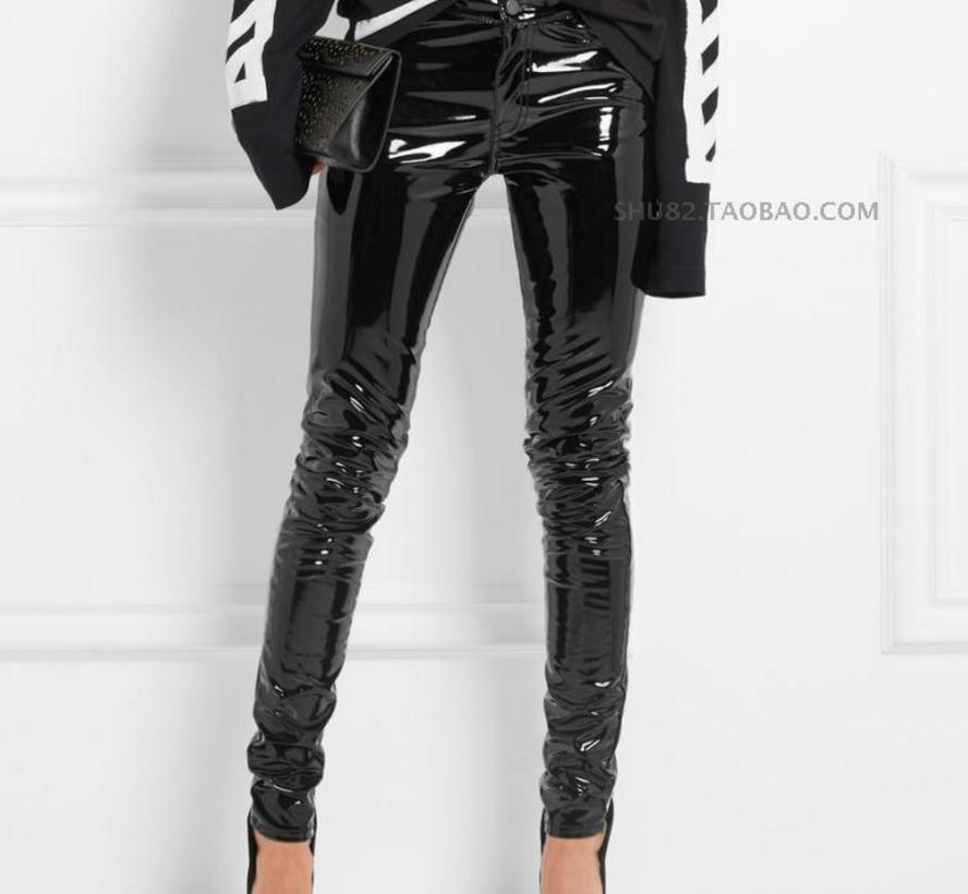 

Fashion Patent leather pu pants with pocket female 2017 winter was thin high waist leisure shiny pu leather pencil pants wj1612, Black