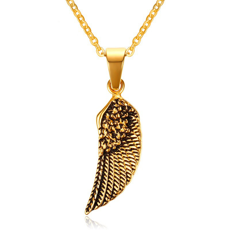 

Mens Guardian Angel Wing Pendant Necklace 34MM Stainless Steel Gold Color Statement Necklace For Men Jewelry Collier With 24'' Chain