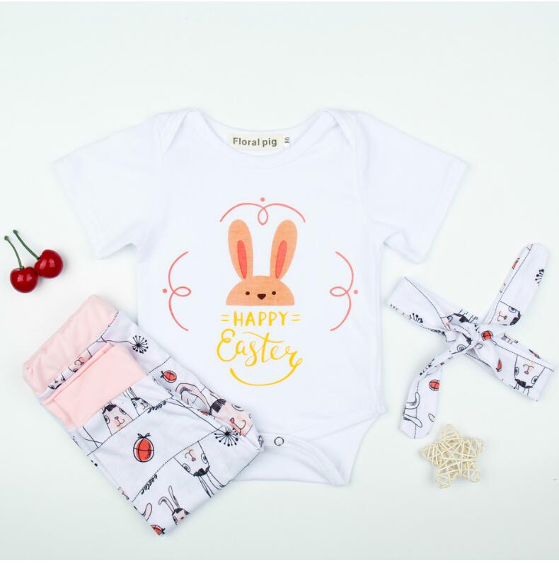 

Girl Easter Day Eggs Rompers Set Three Pieces Baby Summer Short Sleeve Jumpsuit + Pants + Headbands Suit Kids Bodysuit Clothes Clothing, As picture