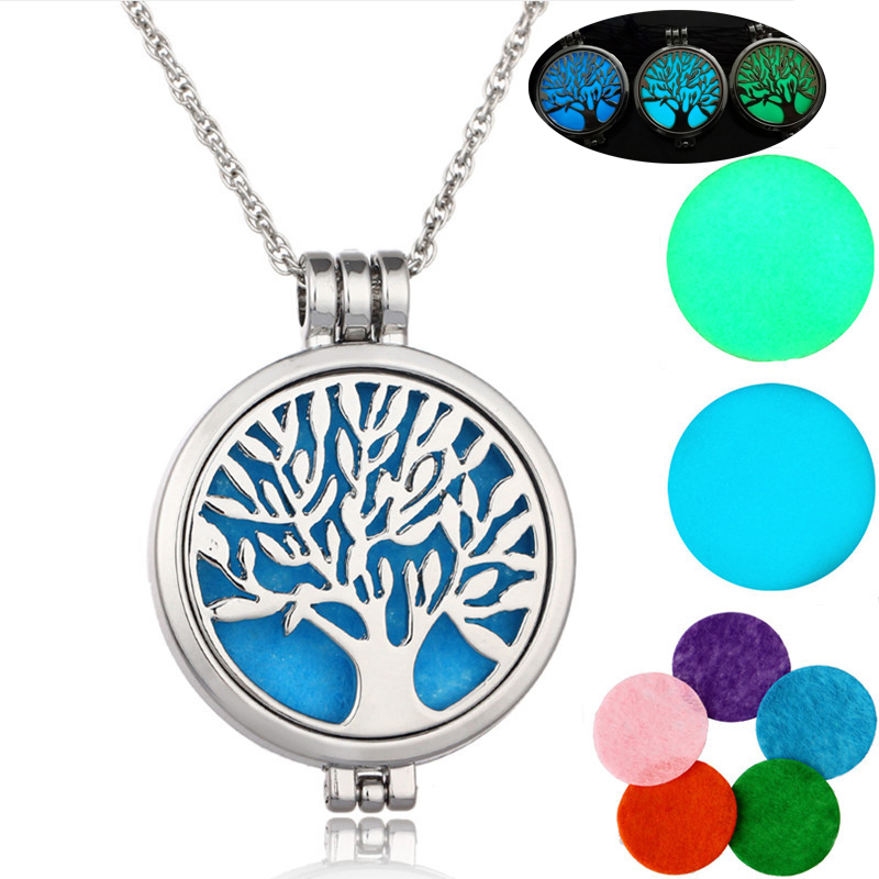 

Hot sale Essential Oil Diffuser Necklace Glow In The Dark Tree of life Aromatherapy Locket Pendant necklaces For women Fashion Jewelry