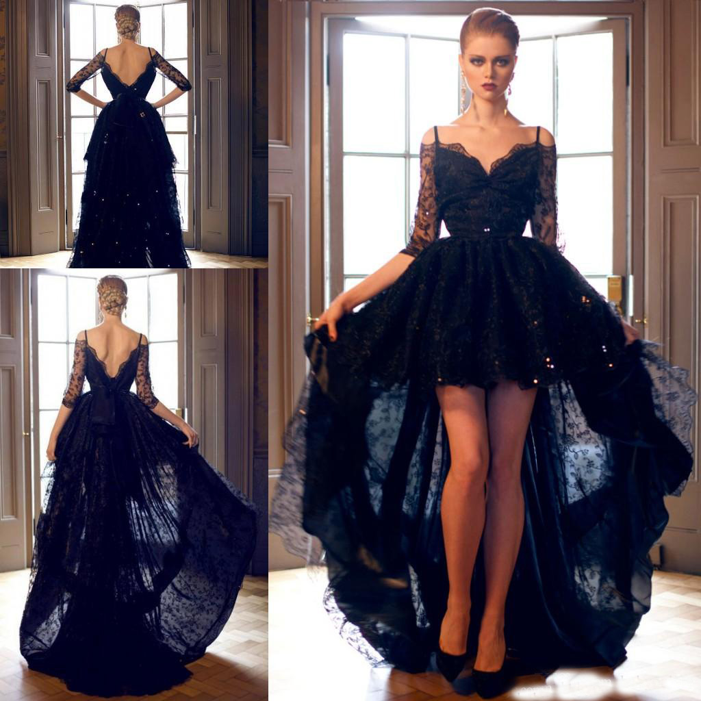 

2018 Modest Black Full Lace High Low Prom Dresses With Half Sleeves Spaghetti Straps Party Formal Wear Mildde East Evening Dress, Same as picture