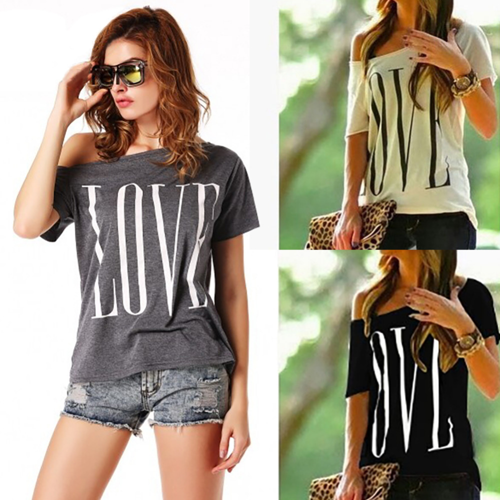 2018 Style Coréen D'été Féminin T Shirts LOVE Lettre imprimée Hors De L'épaule Top Tee À Manches Courtes Femmes T Shirt Plus La Taille