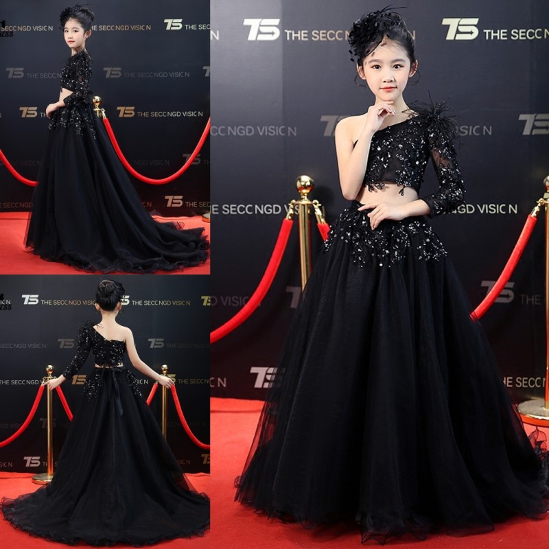 Black Two Pieces Girls Pageant Dresses Kids Prom Gowns With Sleeve Sequined One Shoulder Flower Girls Dress