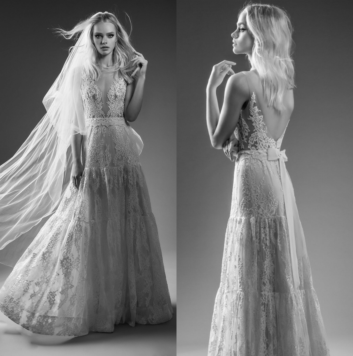 

Lihi Hod Sheer Beach Wedding Dresses Boho Lace Wedding Dress Bridal Gowns Plus Size V Neck Vestido De Novia With Bow, Pink