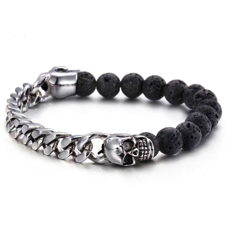 

Volcanic Stones With Gold Color Stainless Steel Skull Bracelets Bangles Curb Cuban Link Chain Bracelet Biker Man Wristband, Black