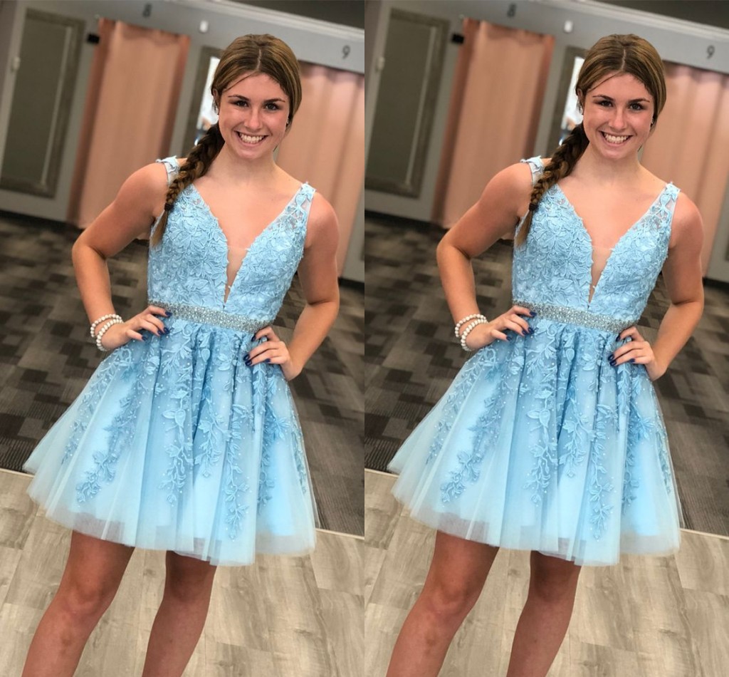 

Lace Short Homecoming Dresses Deep V Neck Sheer Straps Beaded Tulle Aline Backless Red Pink Light Sky Blue Party Dresses Prom Dresses, Orange