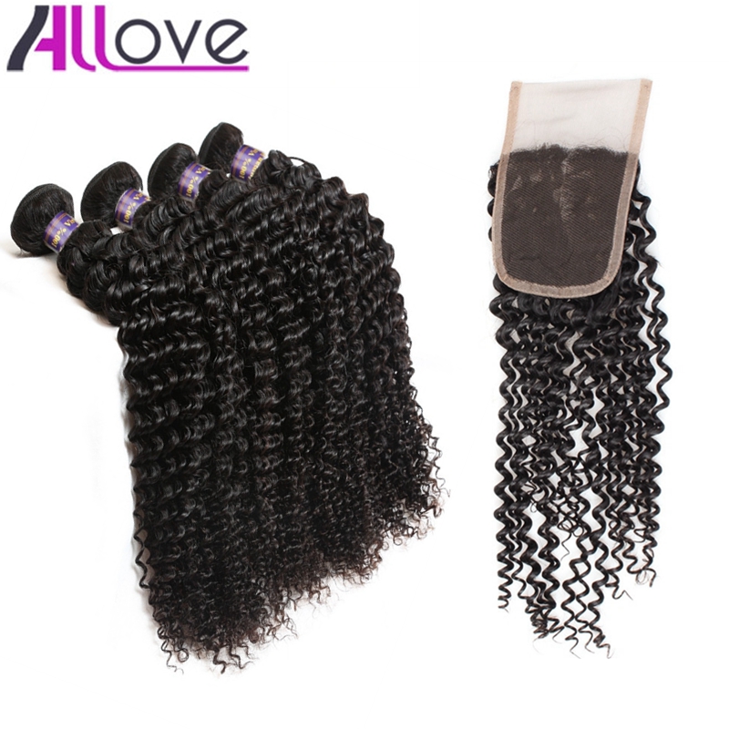 

Allove Wholesale 10A Brazilian Human Hair Kinky Curly 4bundles with Lace Closure Malaysian Weaves Peruvian Hair Extensions Indian Human Hair, Natural color
