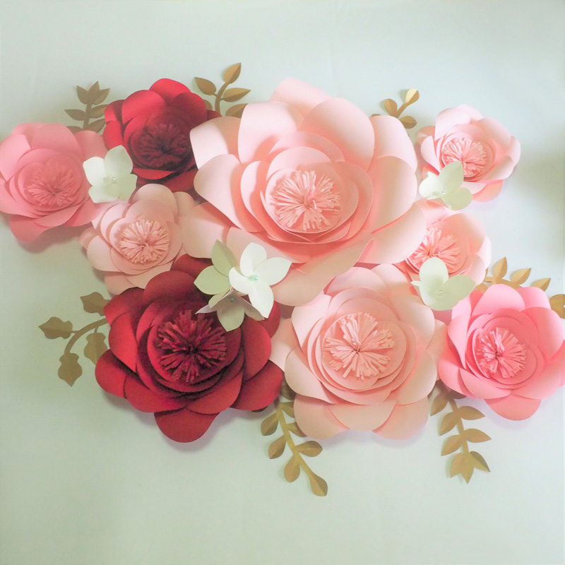 

DIY Half Made Giant Paper Flowers 9PCS + Hydrangea flowers 6pcs + Leaves 7pcs For Wedding & Event Backdrop Video Tutorials, As picture