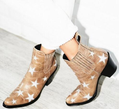 

Mixed Color Stars Patchwork Women Ankle Boots Cowboy Style Laides Point Toe Boots Slip On Female Fashion Western Style Boots, As picture