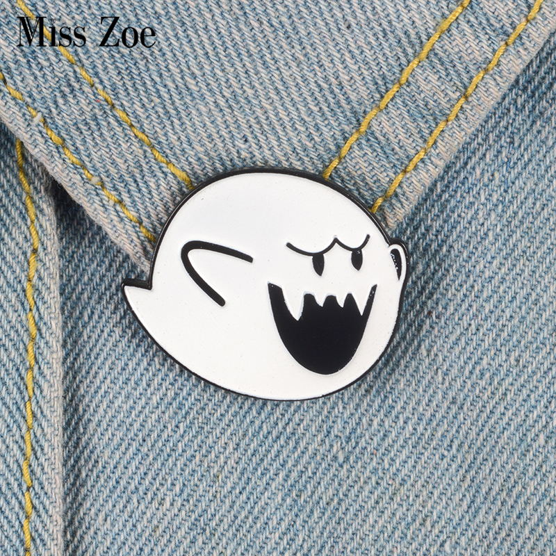 

Miss Zoe Boo Ghost Enamel pin Super Mario brooch Bag Clothes Lapel Pin Button Badge Cartoon Classic Video game Jewelry Gift for friends, Gray