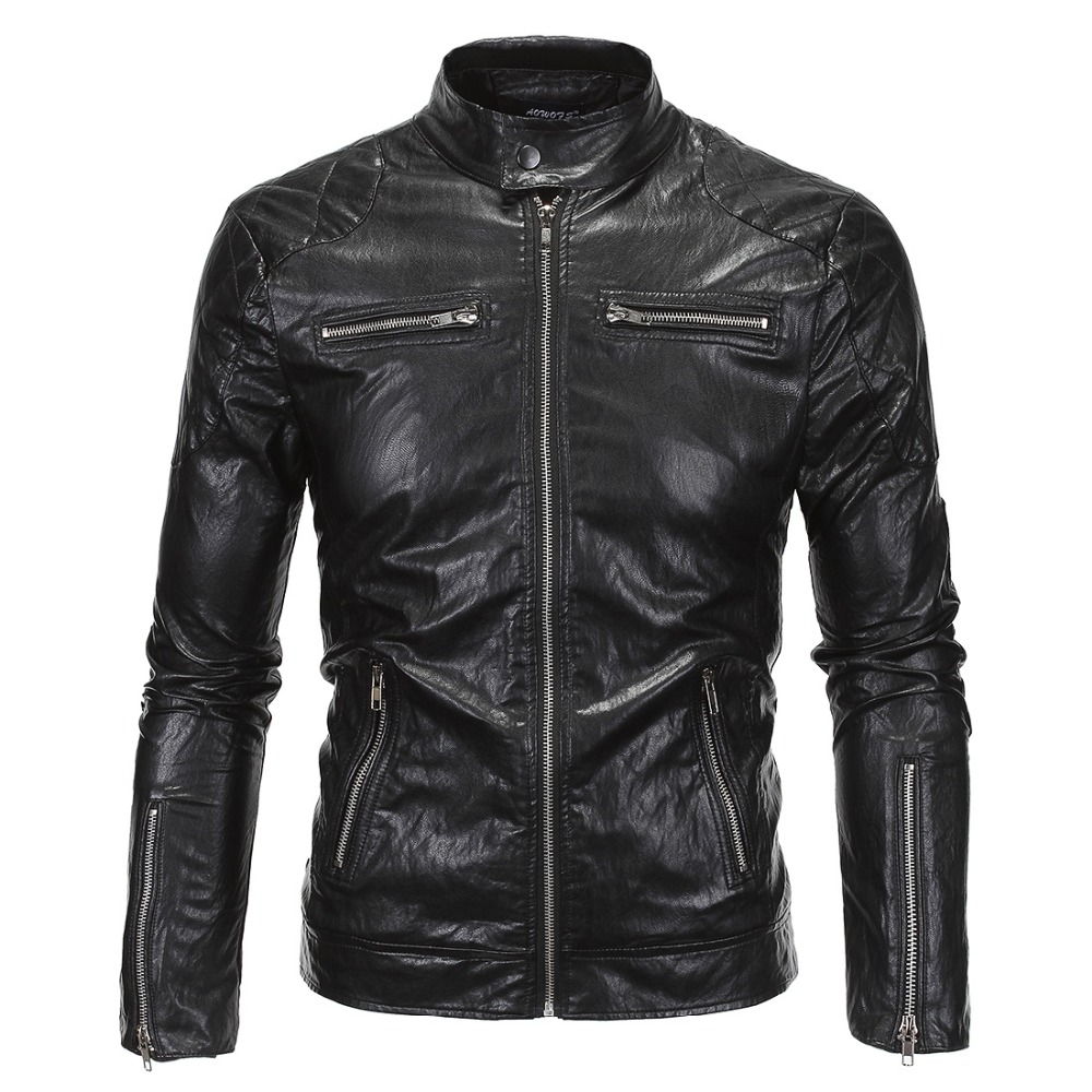 

Wholesale- New Motorcycle Faux Leather Jacket Men 2016 Fashion Black Moto Biker Windbreaker Jacket Brand Veste Cuir Homme Jaqueta De Couro, Y619 black