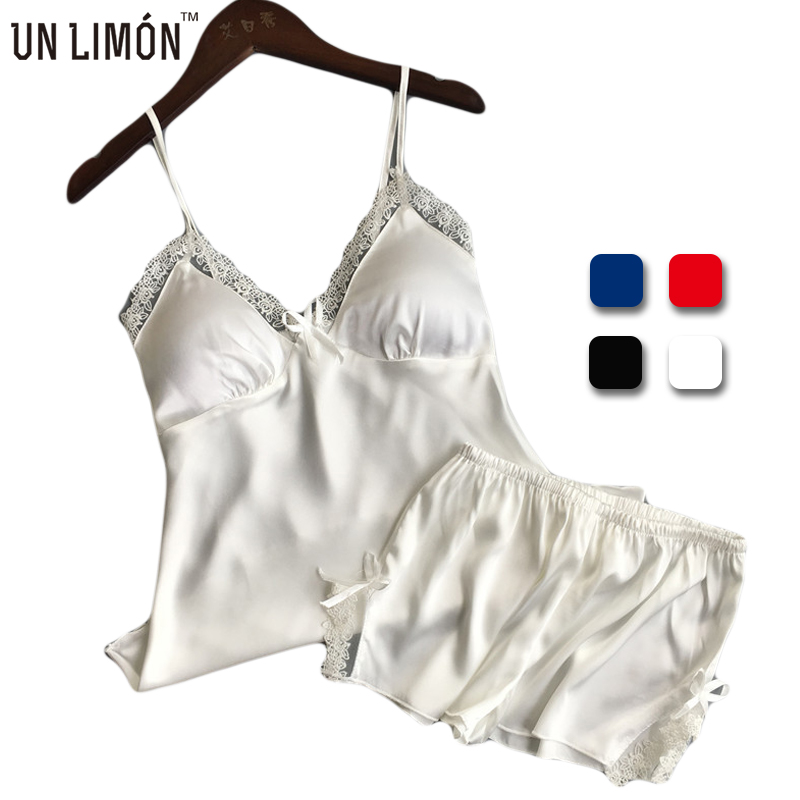 UNLIMON Sleepwear Silk Pajamas For Women Lace Satin Cami Pajama Set-image-413681664
