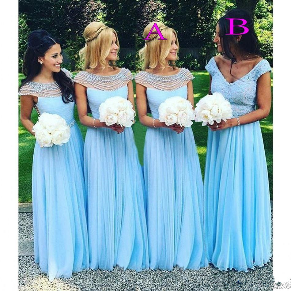 

Light Sky Blue Long boho Bridesmaid Dresses Scoop VNeck Beads Pearls Chiffon country Maid Of Honor Wedding Guest Dress Cheap