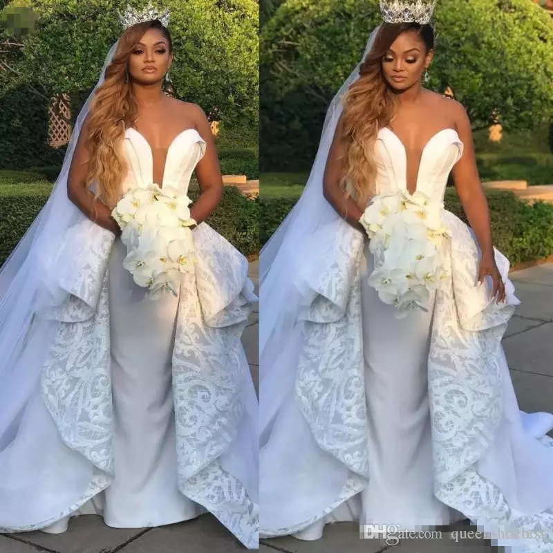 White Satin And Lace Wedding Dresses With Overskirts Sexy Strapless Bridal Gowns South African Sweep Train Wedding Vestidos Plus Size