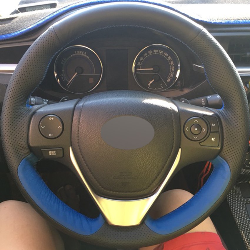 Black Blue Genuine Leather Car Steering Wheel Cover for Toyota RAV4 2013-2016 Toyota Corolla 2014-2016 Scion iM 2016-image-429876562