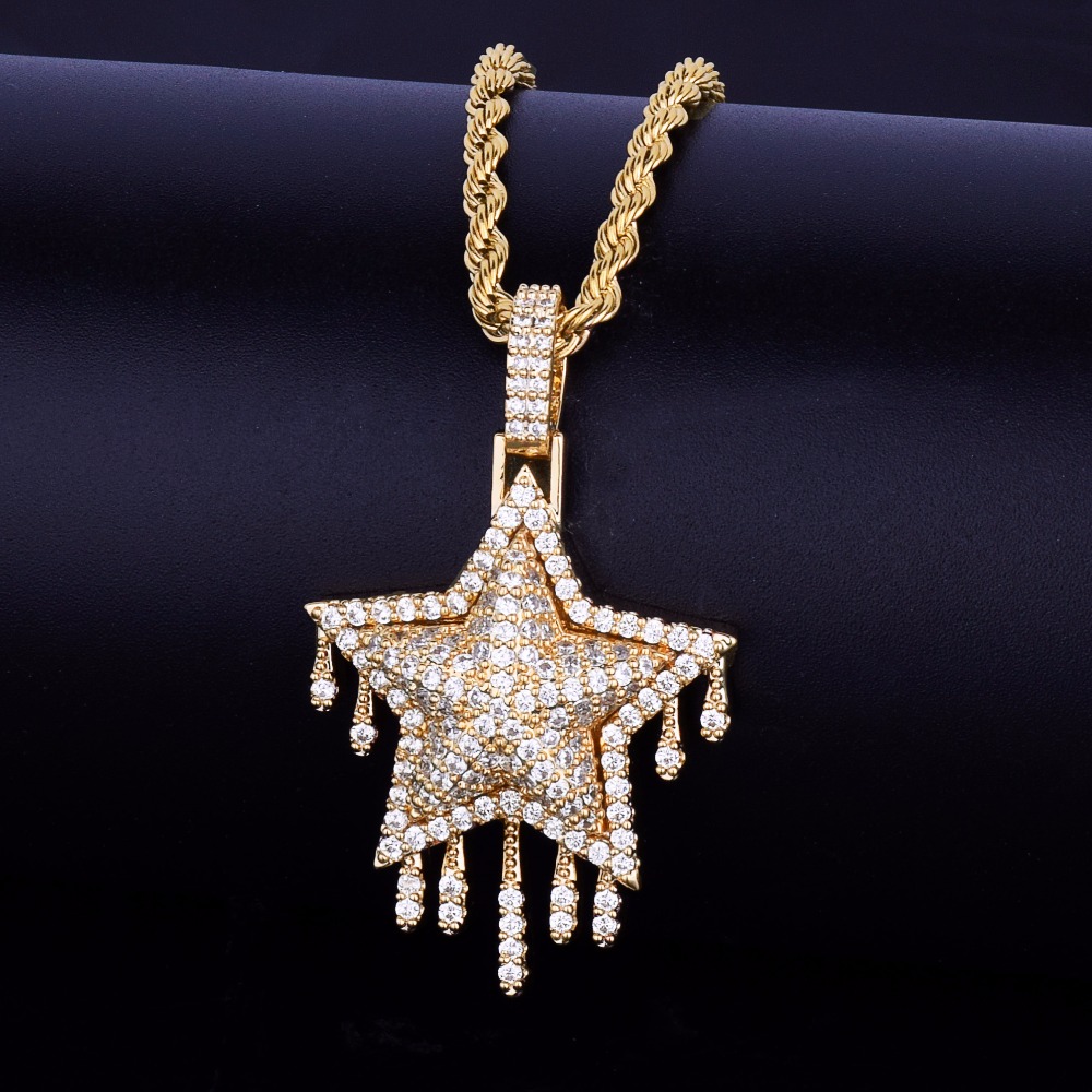 Goutte à goutte étoile pendentif collier Hip Hop bijoux hommes couleur or zircon cubique avec chaîne de corde pour la livraison directe