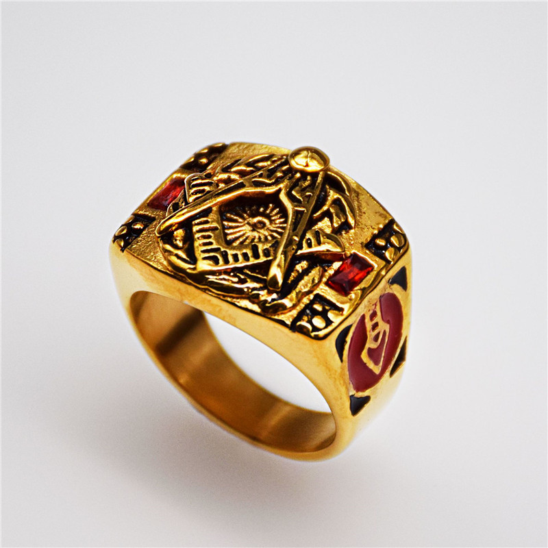 18k gold plating unique design ring 316 stainless steel men's ring freemason jewel items masonic regalia rings with red stone and enamel