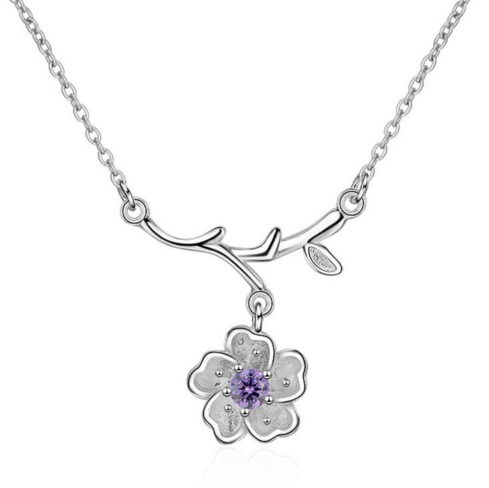 

Korean style branch sakura pendant necklace Jewelry silver plated collarbone chain for girl special gift free shipping