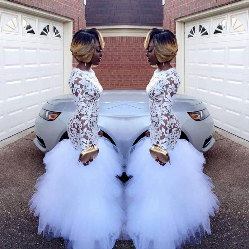 

African White Mermaid Prom Dresses for Black Girls Lace Long Sleeves Ruffles Tulle Evening Party Dress Plus Size Prom Gowns Vestidos, Dark red