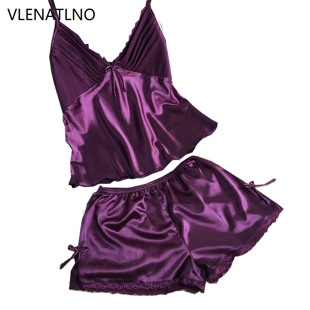 2019 summer style pajamas sets Women Female Sleep set Women's Deep V-neck Sexy Spaghetti Strap Shorts Sleepwear silk homewear S1015-image-428825856