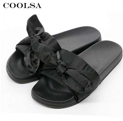 

Summer Women Bow Slippers Silk Fabric Cute Bowknot Slides Flat Non Slip Beach Sandals Female Indoor Flip Flop Casual Shoes, Other