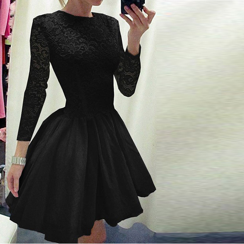 ELSVIOS 2018 Women Vintage Lace Dress Vestidos Long Sleeve O-Neck Back Zipper Party Dresses Solid Sweet Girls Mini Dress Vestido