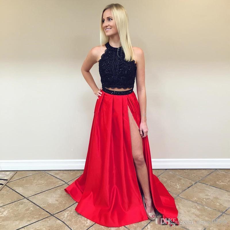 Black Red Two Piece Prom Dresses Jewel Lace Beaded Satin Split Floor Length Keyhole Back Party Dresses Prom Gowns elegant evening formal