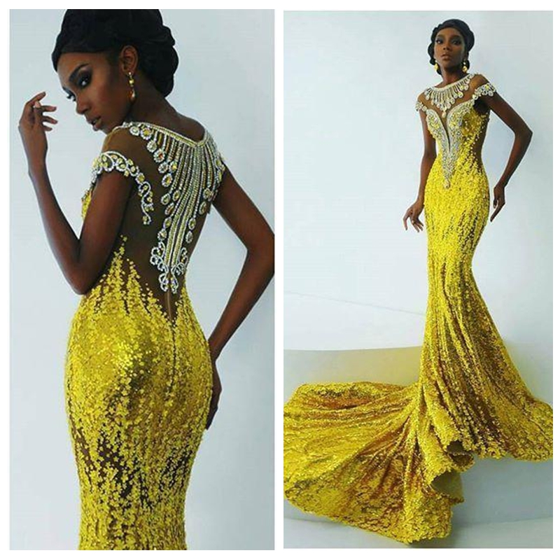 

2021 Slim Bling Bright Yellow Sequins Mermaid Prom Dresses Africa Women Appliques Beaded Evening Gowns Sweep Train Black Girl Party Wear, Silver