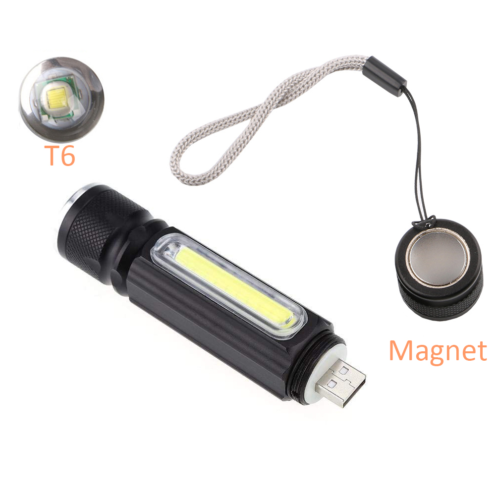 

COB LED Zoomable Flashlight Cree T6 Rechargeable Torch USB Magnet Flash Light Pocket Camping Lamp Built-in 18650 battery