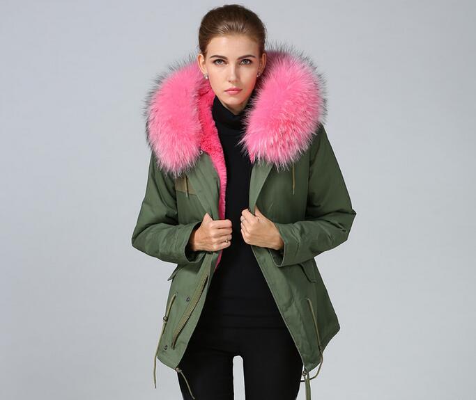 

Meifeng Brand Lavish furs jackets pink rabbit fur lining army green canvas mini parkas winter coats with pink raccoon fur trim, Wine red fur