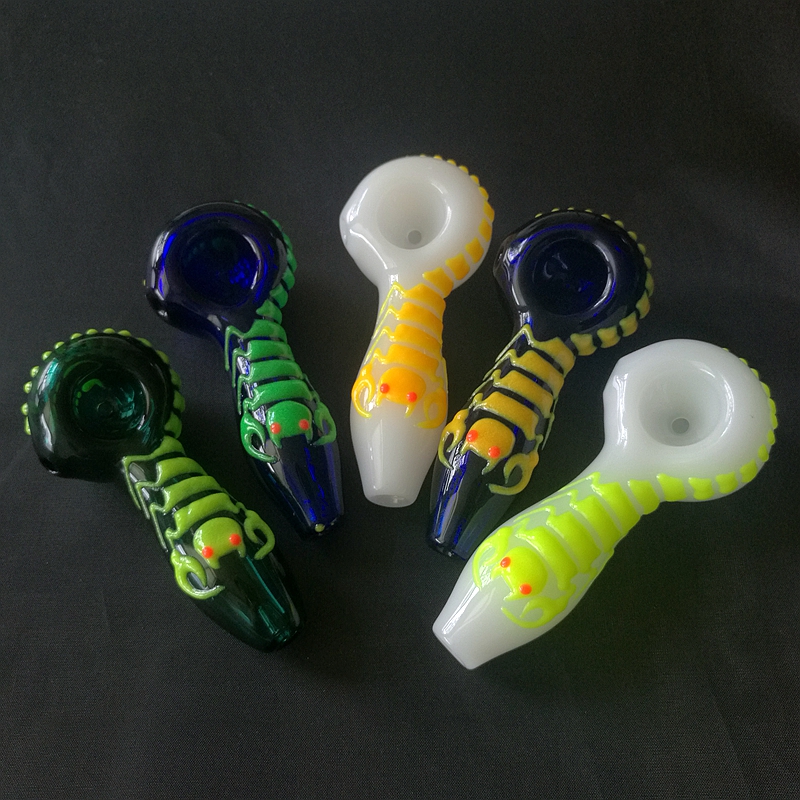 

30pcs Wholesale Glow In The Dark Heady Glass Smoking Pipe Scorpion Spoon Hand Pipes Oil Burner For Tobacco Dry Herbs DHL Free GID10