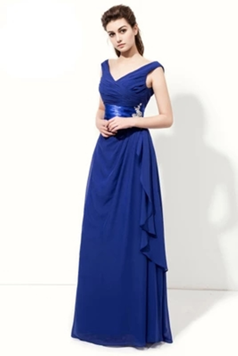 

2018 In Stock Sexy V-Neck Appliques A-Line Blue Formal Evening Dresses With Pleat Chiffon Prom Party Celebrity Gowns BE27, Same as picture