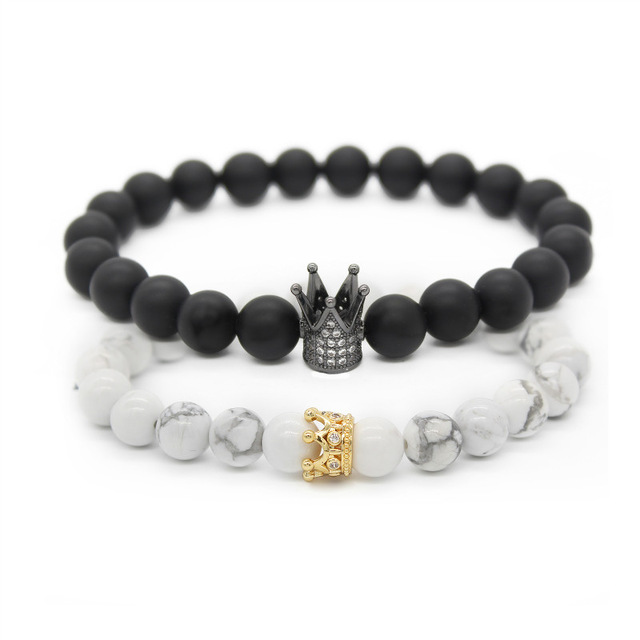 

Couple His And Hers Strands Bracelets Distance Black & White StrandsBeads Cz Crown King Charm Stone Bracelet Lovers Gift Valentine's Day Holiday Christmas