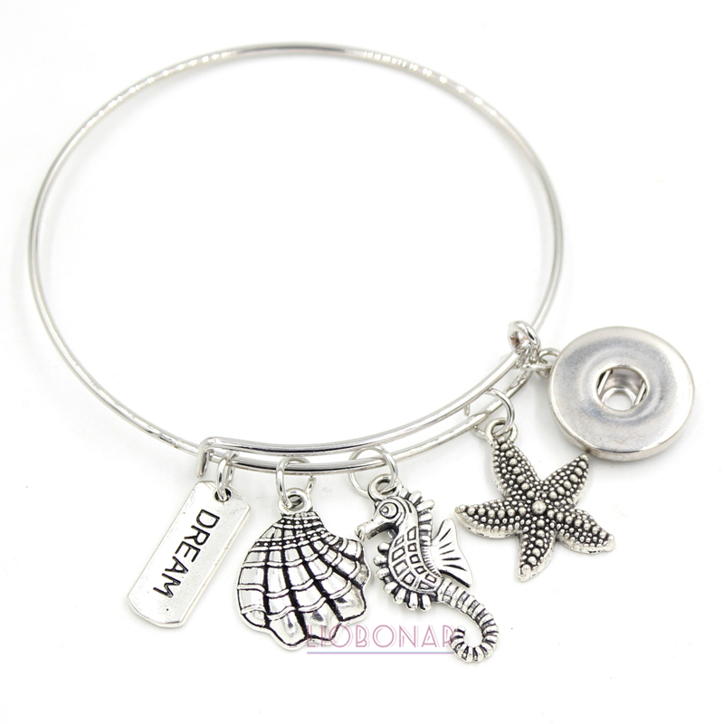 En gros Nouvelle Arrivée 18mm Snap Bijoux Fil Bracelet Océan Mer Mer Étoile de Mer Mer Cheval Charme Bracelets Bracelet Snap Bouton Bracelets