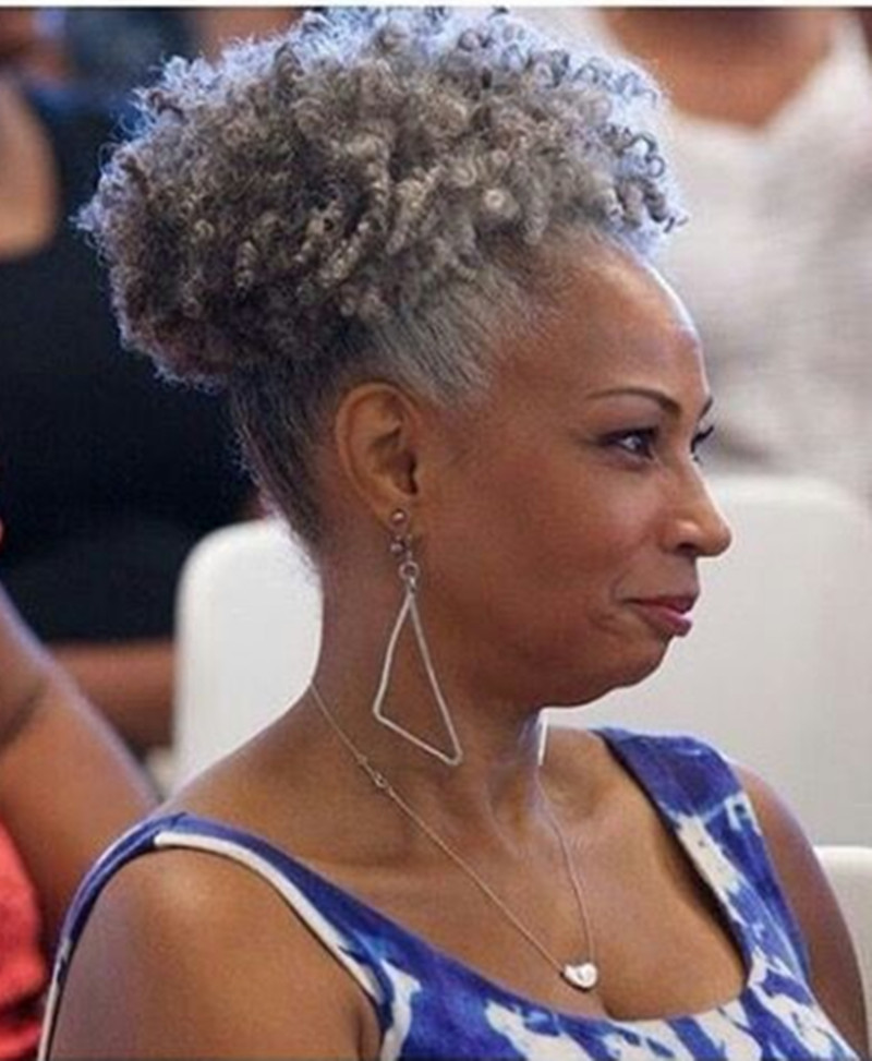 

Gray hair Kinky culry Ponytail hair extension Real Brazilian Virgin Hair Ponytail afro puff Drawstring Ponytails Grey 100g-120g, Black