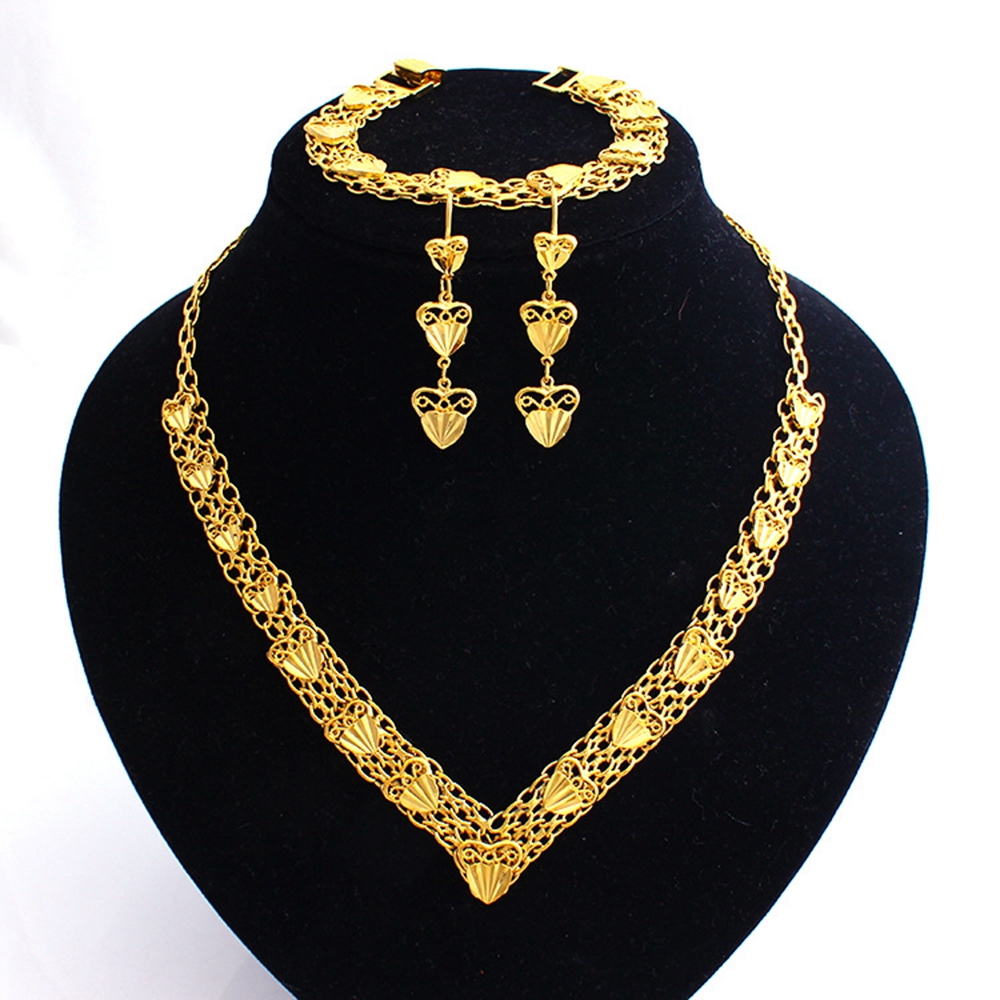 Wedding Jewelry Set Fashion Accessories 18k Yellow Gold Filled Womens Necklace+Bracelet+Earrings Gift Heart Pattern Gift-image-413974665