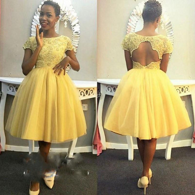 Mode jaune thé longueur robes de bal manches courtes dentelle trou de serrure dos pour les femmes noires tulle robes de bal robe de soirée robes