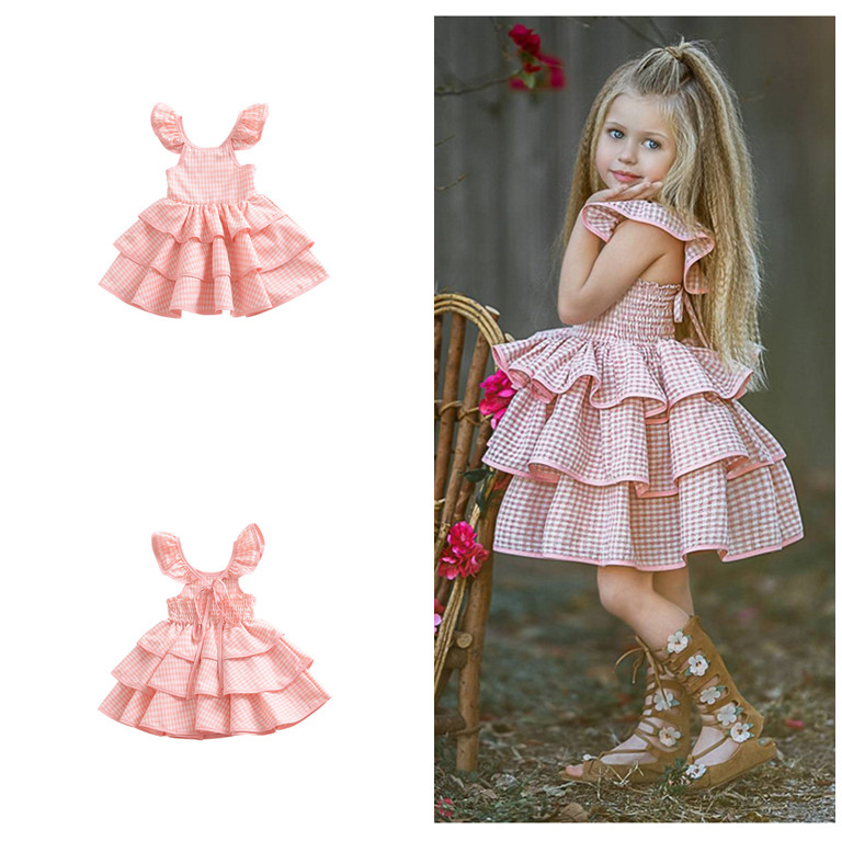 

2018 New Fashion Baby Girls Plaid Dress Summer Kids Flying Sleeve Backless Dress Children Cake Tutu Party Dresses Z11, As photo