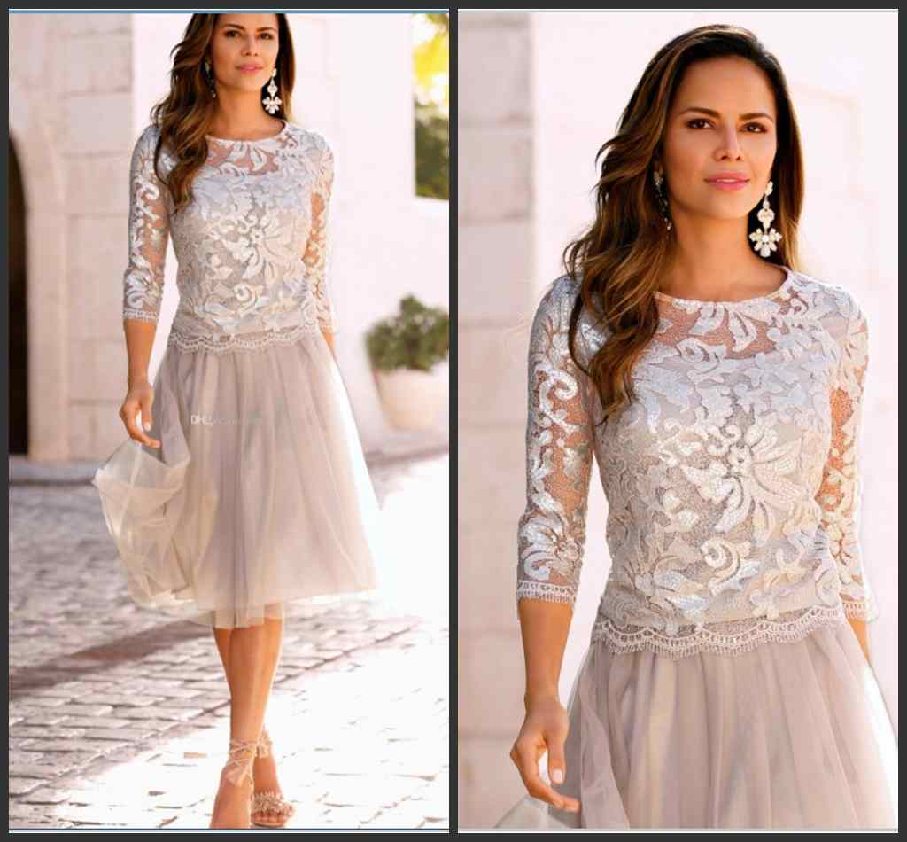 

2018 Short Cheap Two Pieces Mother Of Bride Dresses Jewel Neck Tulle Lace Appliques Knee Length Silver Formal Cheap Wedding Guest Gowns