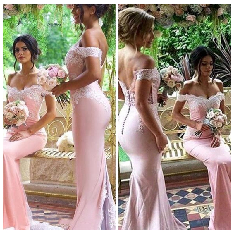 

Vintage Slim 2018 Lace Appliques Slim Mermaid Long Bridesmaid Dress Sweep Train Corset Honor Of Maid Covered Button Back Custom Vestidos