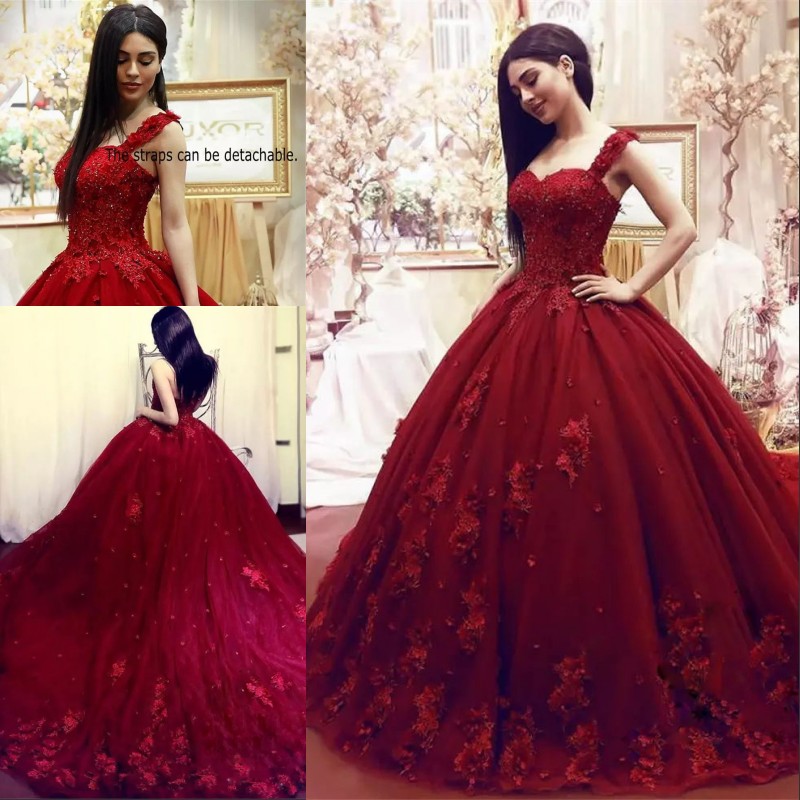 

Fascinating Arabic Dubai Wedding Gown Beaded Lace Applique Hand Made Flowers Bridal Dress Glamorous Red Tulle Chapel Train Wedding Dresses, Black