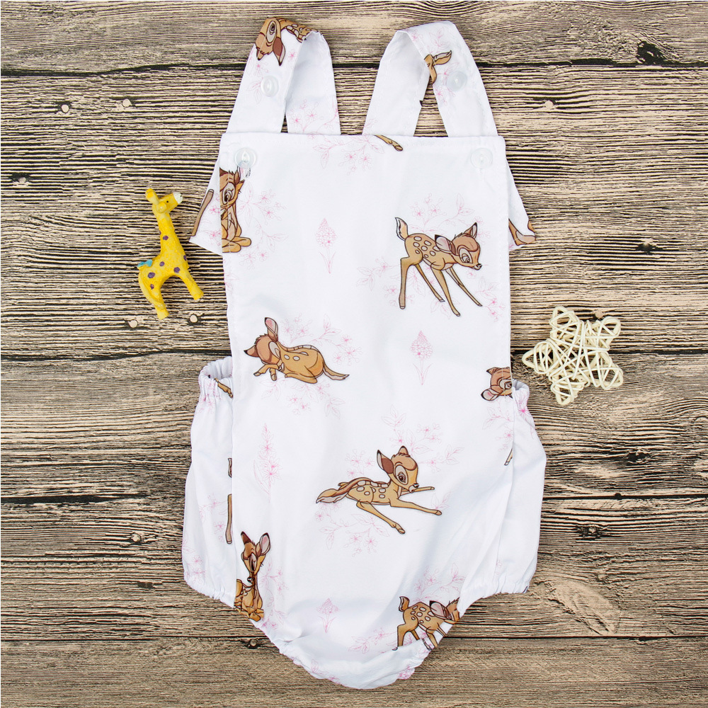 

Baby Girls Romper Sika Deer Printed Summer Suspenders Sleeveless Jumpsuit Buckled Cotton Polyester Blending Breathable Cool 0-18M, As picture