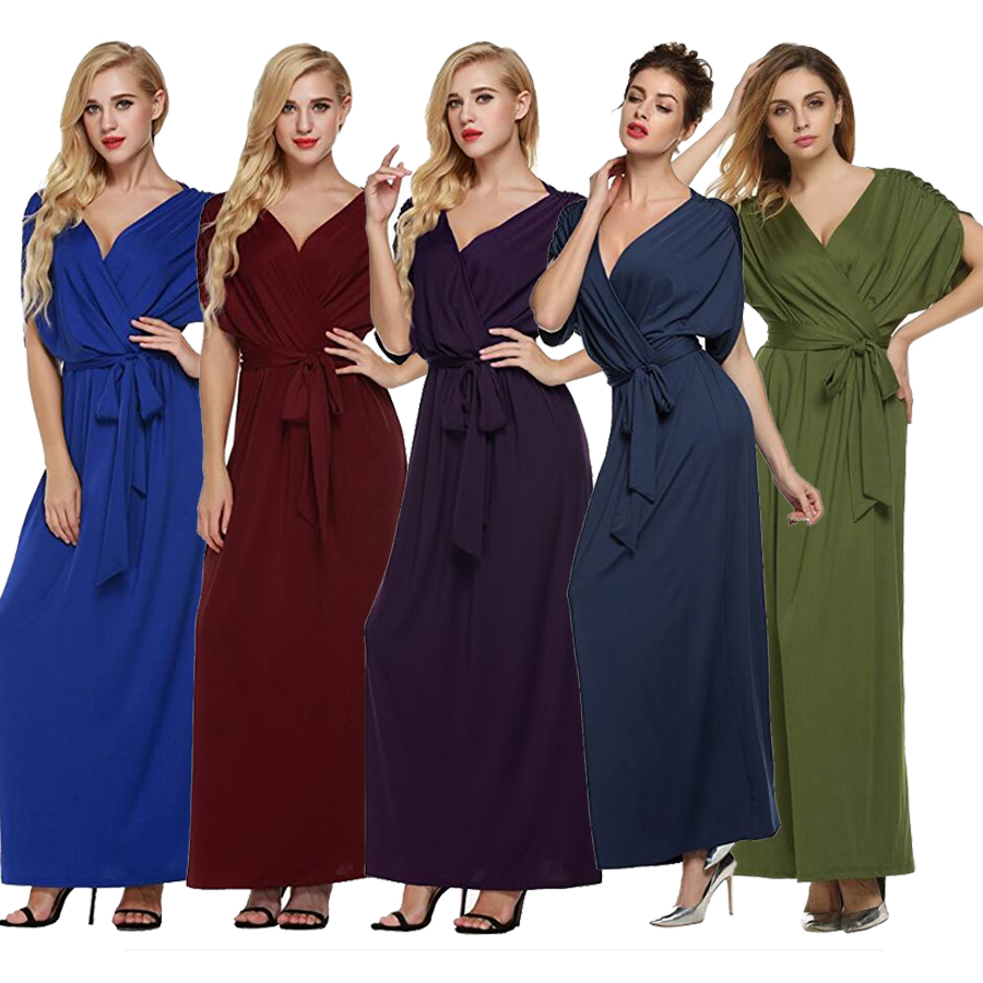 

Women's Waist Band Maxi Solid Deep V Neck Long Dress Plus Size Girdle Pleated Dresses Cotton Solid Casual Dress for Holiday Home FP3310, Black