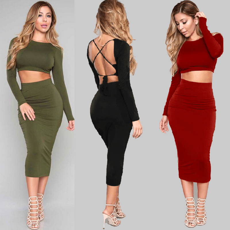 Black Red Army Green Long Sleeve Elastic Cotton Winter Elegant Party Dresses Sexy Midi Pencil Club Bandage Bodycon Dress 8119-image-407982456
