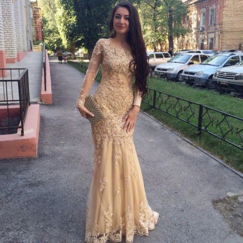 

Long Sleeve Glamorous Prom Dresses Beads Lace Appliques Jewel Neck Mermaid 2018 Prom Dress Custom Made Tulle Floor Length Evening Dresses, Pink