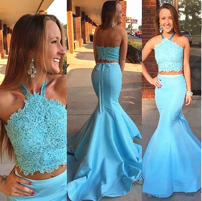 2 Pieces Sky Blue Prom Dresses Halter Neck Beaded Lace Top Long Mermaid 2019 New Fashion Evening Dress Formal Party Gown Plus Size