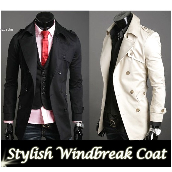 

Wholesale- 2016 New Fashion korean coat jacket men Slim Classic Double breasted wool coat jacket windbreaker 4 sizes 2 colors, Black