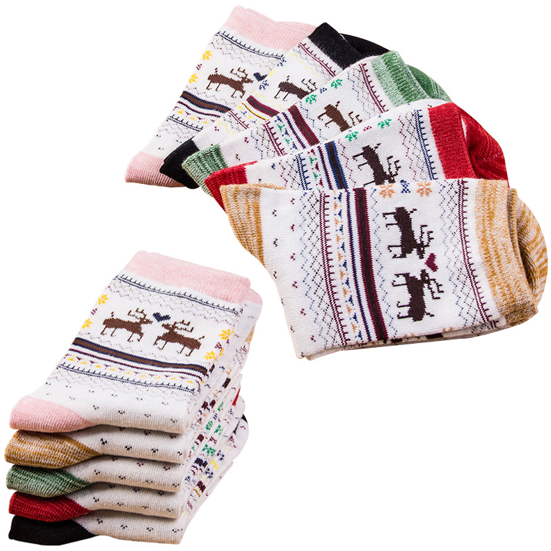 

5 Pairs Women Christmas Sock Sweet Candy Color Cartoon Elk Women Socks Winter Warm Cotton Shorts Ankle Socks Meias Calcetines, F randomly mixing