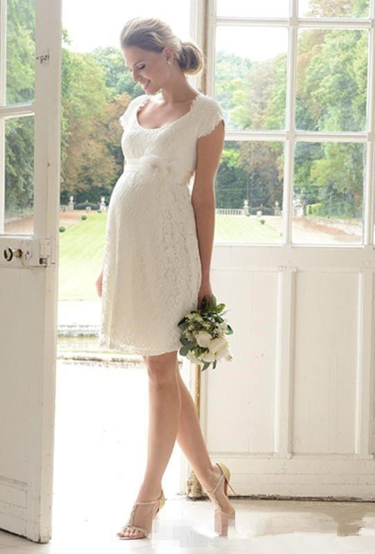 

Maternity Short Lace Wedding Dresses Summer Style Matched Flower Sash Cap Sleeve Knee Length Empire Pregnant Bridal Gowns 2019 Custom W875, Black & white