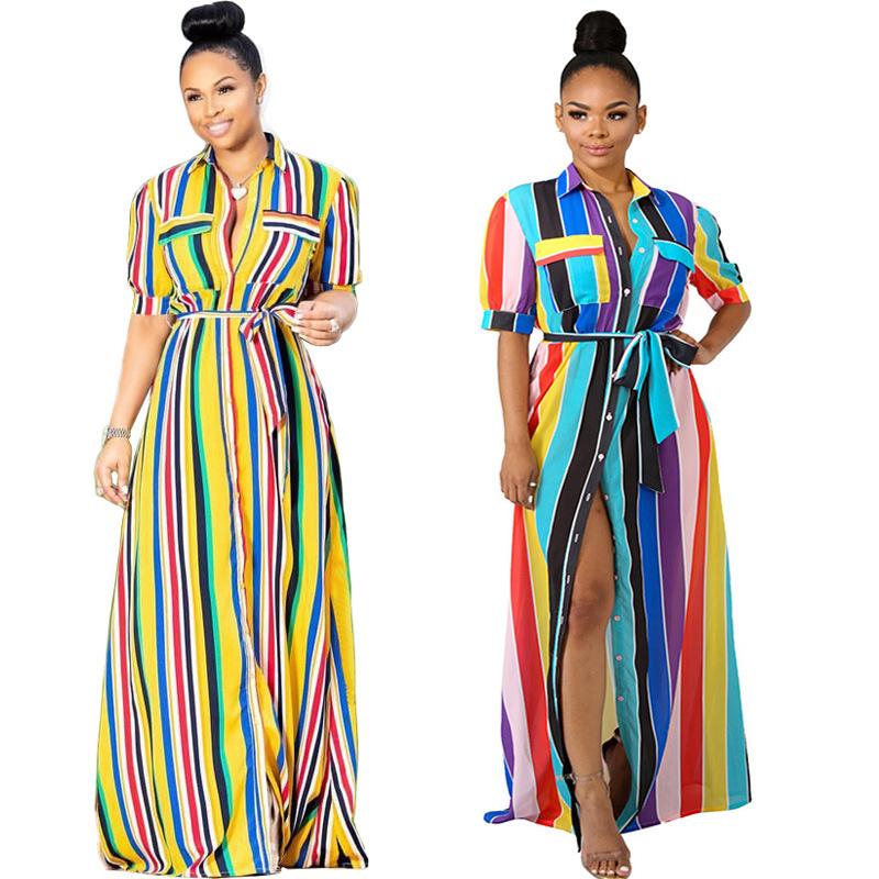 

new womens shirt skirt Lapel short-sleeved single-breasted Maxi dress Fashion color striped print loose dress, Yellow
